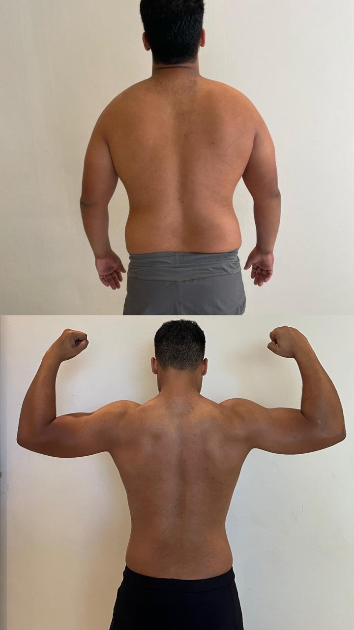 Registro de evolução física de aluno, antes e depois